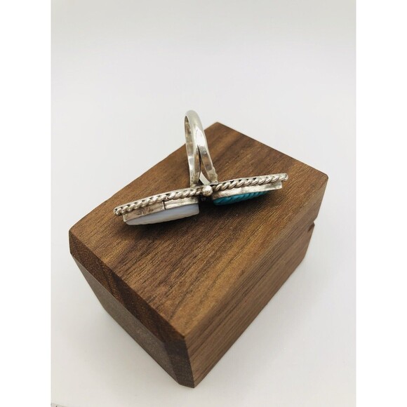 LEE CHARLEY JR ~NAVAJO STERLING ~TURQUOISE & MOTHER OF PEARL FEATHER RING-Signed - Picture 11 of 12